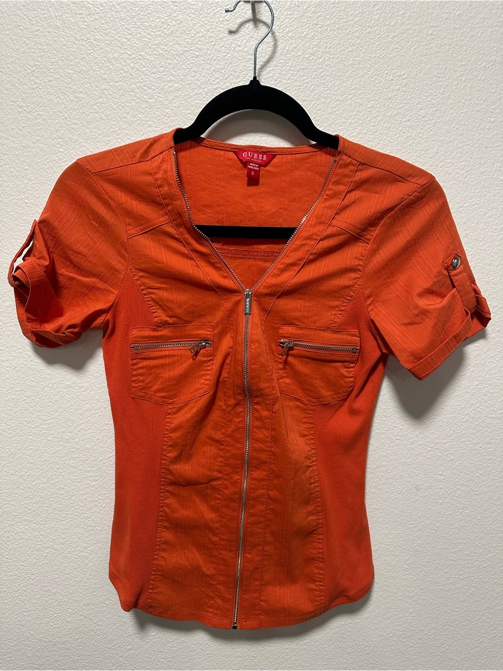 Guess Bright Orange Zip-Front Short Sleeve Blouse